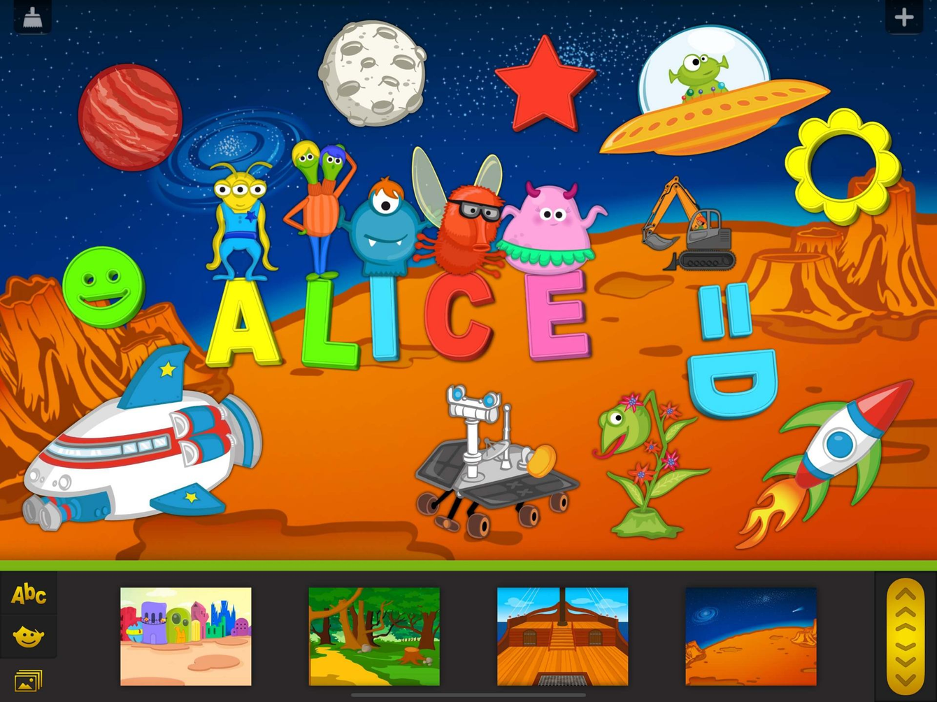 Moon landscape background and small colorful alien characters